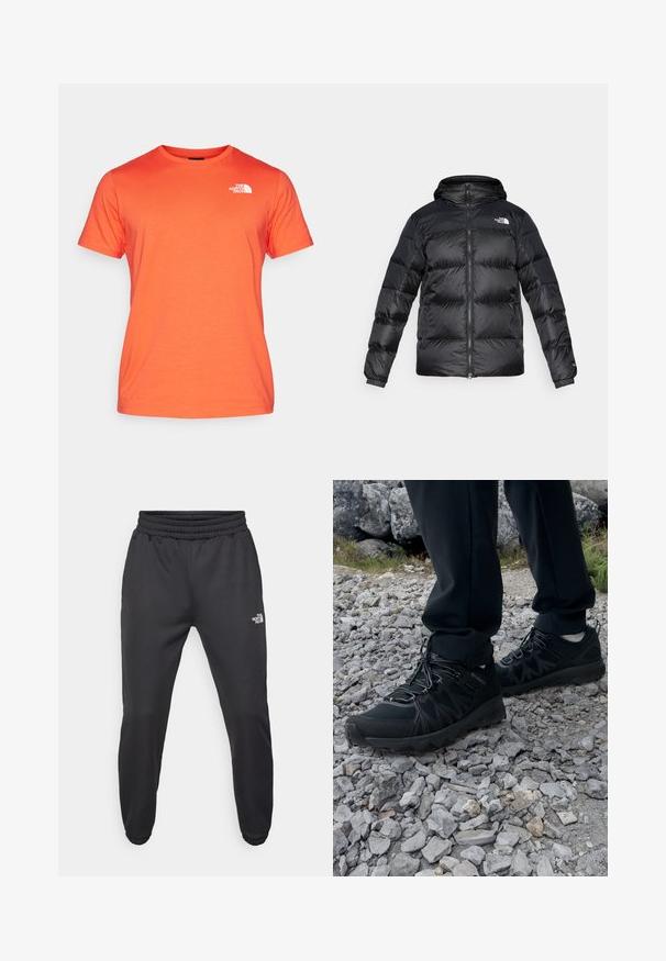 Musta puhvitakki, joka on valmistettu kiiltävästä, tekstuurista materiaalista, jossa on huppu, edessä vetoketju ja elastiset hihansuut. Sisältää kaksi etutaskua ja logopainatuksen.; The North Face M SS BOX NSE TEE - Printtipaita - crimson orange/black; Mustat collegehousut, joissa on nauhakuomu vyötäröllä, kapeneva fit, elastiset hihansuut ja pieni valkoinen logo vasemmassa reidessä, valmistettu sileästä kankaasta.; Mustat ulkokengät, joissa on verkko- ja synteettinen materiaali, teksturoitu päällinen, varma nauhoitusjärjestelmä ja kestävä pohja kivikkoisella maastolla.