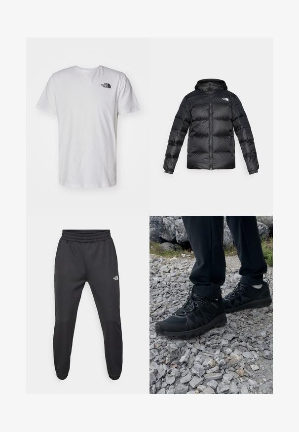 Black puffer jacket made of shiny, textured material with a hood, front zipper, and elastic cuffs. Features two front pockets and logo detail.; White cotton t-shirt with short sleeves and a crew neck. Features a small black logo on the upper left chest area. Smooth texture.; Black sweatpants with a drawstring waist, tapered fit, elastic cuffs, and a small white logo on the left thigh, made from smooth fabric.; Black outdoor shoes with mesh and synthetic material, featuring a textured upper, secured lacing system, and a rugged outsole, on rocky terrain.