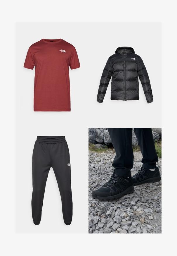 Casaco puffer preto feito de material brilhante e texturizado, com capuz, fecho frontal e punhos elásticos. Apresenta dois bolsos frontais e detalhe de logotipo.; The North Face M SS BOX NSE TEE - T-shirt estampada - sumac/asphalt grey; Calças de moletão pretas com cintura ajustável por cordão, corte afunilado, punhos elásticos e um pequeno logótipo branco na coxa esquerda, feitas de um tecido suave.; Sapatos pretos para exterior, feitos de material em malha e sintético, com um cabedal texturizado, sistema de atilho seguro e uma sola robusta, sobre terreno rochoso.