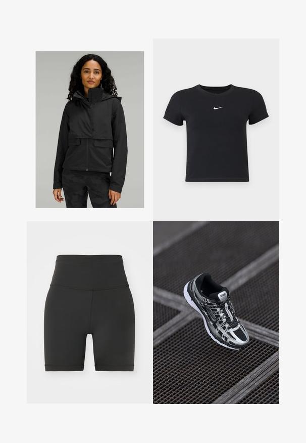 Zwarte hoodie met een cropped ontwerp, twee voorzakken en een gladde textuur. Draag het over een zwart top en camouflage-patronen broek.; Zwarte katoenen t-shirt met korte mouwen en ronde hals. Voorzien van een wit Nike-logo op de borst, minimalistisch ontwerp en een aansluitende pasvorm.; Zwarte hoge taille fietsshort gemaakt van rekbaar materiaal, met een soepele textuur, nauwsluitend ontwerp en afgewerkte randen. Geen zichtbare patronen of accenten.; Nike hardloopschoen met een zwart en zilver kleurenschema, bovenwerk van mesh, tekstuurzool en vetersysteem voor een veilige pasvorm.