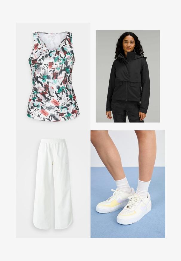 Giacca nera con cappuccio, dal taglio cropped, con due tasche frontali e una texture liscia. Indossata sopra una maglietta nera e pantaloni con motivo mimetico.; Canotta atletica senza maniche con scollatura rotonda, caratterizzata da un motivo astratto di pennellate in verde, rosso, nero e grigio su tessuto bianco.; Pantaloni sportivi bianchi a gamba larga con vita a coste e delicato dettaglio del logo. Tessuto liscio con vestibilità rilassata e orlo affusolato.; Sneakers bianchi in pelle con accenti gialli e lavanda, punta tonda, lacci piatti e suola in gomma texturizzata. Indossati con calzini bianchi.
