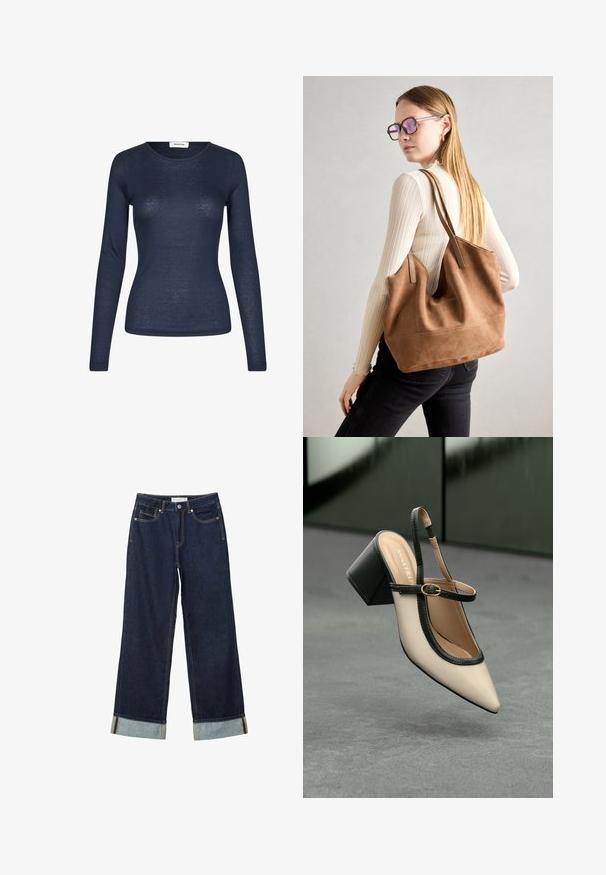 Námornícky vlnený kabát s vysokým golierom, predným zapínaním na päť gombíkov, dvoma bočnými vreckami a šálom so strapcami na jednej strane. Hladká textúra a rovný strih.; Námornícka košeľa s dlhým rukávom vyrobená z ľahkej tkaniny. Má okrúhly výstrih a priliehavý strih s minimálnou textúrou.; Tmavo modré široké nohavice s vysokým pásom, s manžetami, kontrastným šitím a dizajnom s piatimi vreckami. Vyrobené z denimu.; Béžová lodička so špicatou špičkou, s čiernym lemom, zlatou prackou a robustným blokovým podpätkom na šedom podlahe s tmavozeleným pozadím.; Hnedá semišová taška na rameno s mäkkou textúrou, veľkým otvorom a dlhými popruhmi. Má jednoduchý dizajn s viditeľným šitím a bez kovových prvkov.
