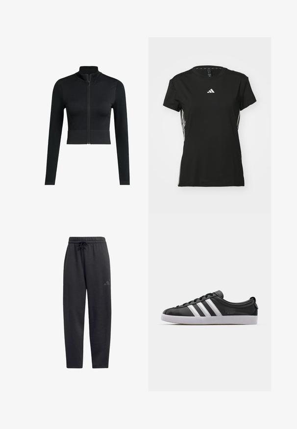 Černá zkrácená zipová bunda, dobře padnoucí střih, dlouhé rukávy, vyrobená z hladkého, elastického materiálu, s vysokým límcem a minimalistickým logem.; Černé sportovní tričko s krátkými rukávy, vyrobené ze syntetického materiálu. Má malé bílé logo na hrudi a bílé pruhy po stranách.; Černé tepláky vyrobené z měkké látky, s elastickým pasem na šňůrku, rovnými nohavicemi a diskrétním logem na stehně.; Černé kožené tenisky s bílým trojitým pruhovaným designem, kulatou špičkou, plochou bílou gumovou podrážkou a značkovým detailem na boku.