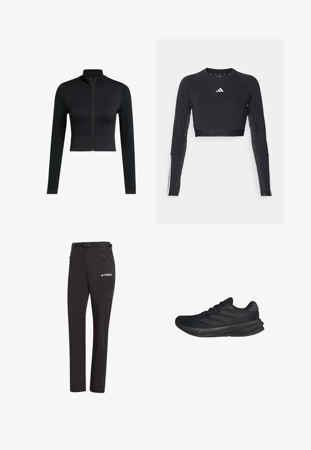 Musta lyhythihainen vetoketjullinen takki, sopiva malli, pitkät hihat, valmistettu sileästä ja joustavasta kankaasta, jossa on korkea kaulus ja minimalistinen logotyyli.; Mustahattu musta pitkähihaiseksi treenipaidaksi, joka on valmistettu sileästä kankaasta. Paidassa on valkoinen logo rinnassa ja raidalliset yksityiskohdat hihoissa.; Mustat vaellushousut, joissa on vyö, vetoketjulliset taskut ja logo. Valmistettu kevyestä, joustavasta kankaasta, joka mahdollistaa liikkumisen vaivattomasti.; Mustat urheilukengät, joissa on verkkopinta, virtaviivainen muoto, litteä pohja ja kolme vinoa raitaa sivussa. Kevyt muotoilu mukavuutta varten.