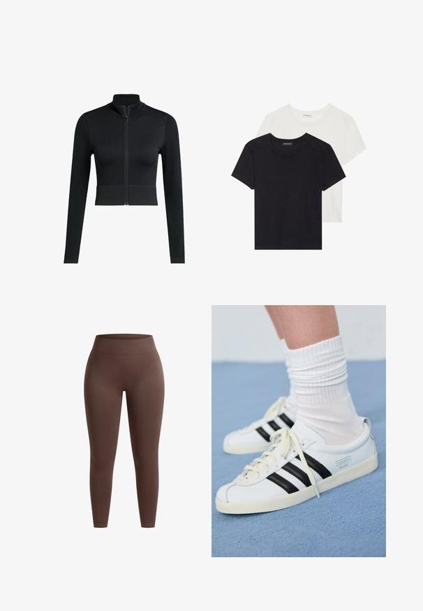 Zwarte cropped zip-up jas, aansluitend ontwerp, lange mouwen, gemaakt van soepel, rekbaar materiaal, met een hoge kraag en minimalistische logo-details.; Twee T-shirts met korte mouwen in zwart en wit. Gemaakt van zacht katoen, met een ronde halslijn en een standaard pasvorm, met minimale stikdetails.; Bruine hoge taille legging gemaakt van gladde, rekbare stof. Heeft een getailleerde pasvorm met een naadloze taille voor comfort en flexibiliteit.; Witte leren sneakers met zwarte strepen, crèmekleurige zool en lichtkleurige veters. Draag met witte geribbelde sokken, gepositioneerd op een blauwe achtergrond.