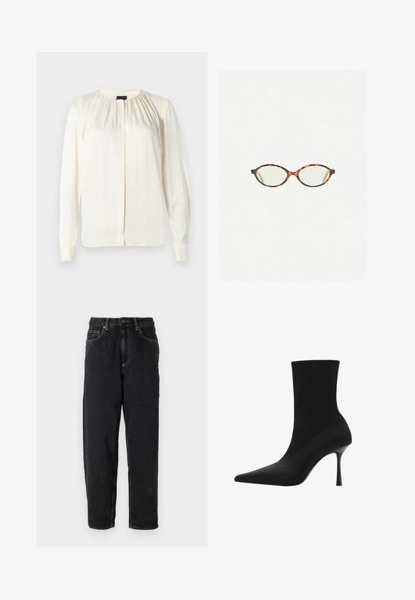 Svart omslagsoverall i mjukt tyg, med sjalkrage, korta ärmar och ett matchande bälte i midjan. Ren, minimalistisk design.; Svart, kort kardigan gjord av fluffigt material med rund halsringning och långa ärmar, med en knappstängning framtill.; Långärmad blus i off-white siden. Har rund halsringning, mjuka plisseringar vid axlarna och knäppta manschetter. Slät textur och minimalistisk design.; American Vintage YOPDAY - Jeans relaxed fit - black vintage; Svart ankelboot med spetsig tå, sträckbart tyg i ovandelen och en elegant hög stilettklack. Slät yta med minimalistisk design.; Sköldpaddsmönstrade glasögon med ovala linser och en elegant, slät yta. Har tunna sidor med en subtil kurva vid tinningarna. Klara linser.