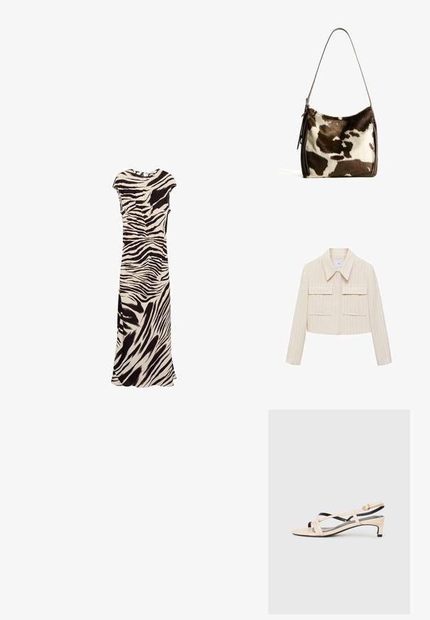 Lyhyt vaate vaaleassa sävyssä, jossa on pystysuorat raidat, terävä kaulus, kaksi etutaskua ja pitkät hihat. Sujuva tekstuuri.; Maksimekko, jossa on beige ja musta seepra kuvio. Lyhyet hihat, pyöreä pääntie ja sivureikä, joka on valmistettu sileästä kankaasta, luoden virtaavan siluetin.; Beige nahkasaappaat, joissa on ristikkäiset hihnat, matala korko ja mustat korostukset. Suora pinta ja minimalistinen muotoilu.; Ruskea ja kerma cowhide-olkalaukku, jossa on sileä nahkahihna, vetoketju ja pehmeä, teksturoitu pinta, jossa on luonnollinen kuvio.