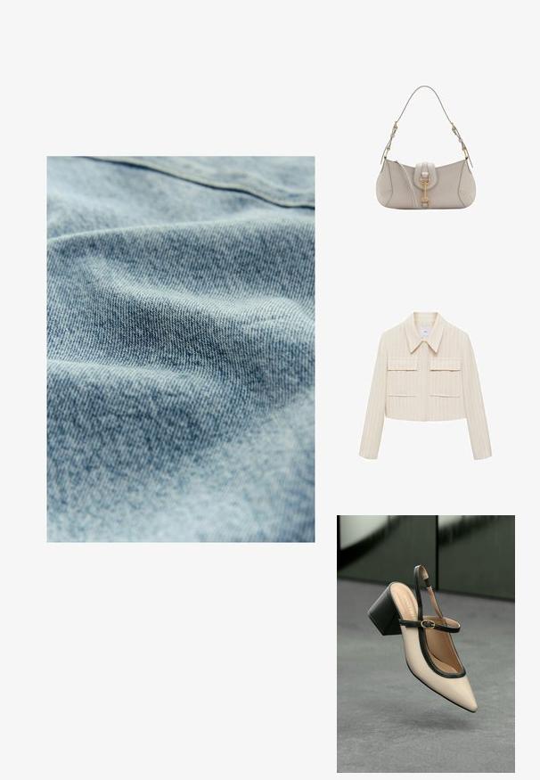 Gekürzte Jacke in Creme mit vertikalen Streifen, featuring einen spitzen Kragen, zwei aufgesetzte Taschen vorne und langen Ärmeln. Samtige Textur.; Helles blaues Denim-Gewebe mit einer subtilen Textur und sichtbarem Webmuster, das leichte Farb- und Weichheitsvariationen aufweist.; Beige Slingback-Schuh mit spitzer Zehenpartie, schwarzer Umrandung, goldener Schnalle und dicker Blockabsatz auf grauem Boden vor dunklem grünen Hintergrund.; Helle graue Lederhandtasche mit geschwungener Form, goldenen Beschlägen, einem Frontverschluss und gesteppten Details. Verstellbarer Schulterriemen inklusive.