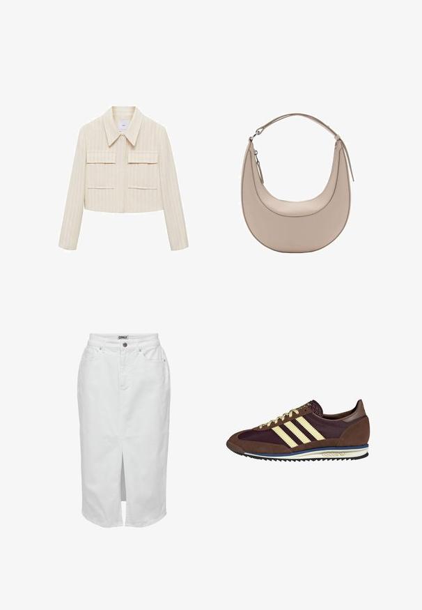 Veste raccourcie en crème avec des rayures verticales, dotée d'un col pointu, de deux poches plaquées à l'avant et de manches longues. Texture lisse.; Un haut sans manches bleu clair avec un col montant, une surface texturée, un design côtelé et des bords froncés autour de l'encolure et des emmanchures.; Jupe en denim blanc avec une fente à l'avant, taille haute, deux poches latérales et une fermeture à boutons. Présente une étiquette de marque au niveau de la taille.; Baskets marron et bordeaux avec des matériaux en daim et en maille, présentant trois rayures crème, un tissu texturé sur la languette et une semelle en caoutchouc.; Sac à épaule en cuir beige de forme croissante, texture lisse, avec une seule poignée courbée. Il possède une fermeture zippée et des coutures soignées.