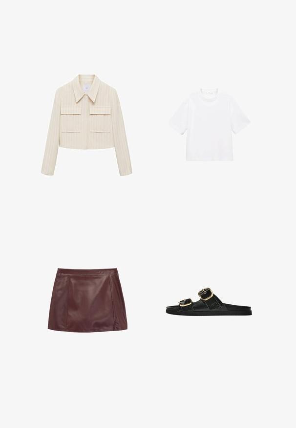 Kort jasje in crème met verticale strepen, voorzien van een puntige kraag, twee voorzakken en lange mouwen. Soepele textuur.; Witte katoenen t-shirt met korte mouwen en een ronde hals. Eenvoudig ontwerp, losse pasvorm, gladde textuur. Geen patronen of accenten zichtbaar.; Bordeaux leren minirok met een soepele textuur, voorzien van een aansluitende tailleband en zijpanelen voor een gestructureerd ontwerp.; Zwarte slipper met twee gouden gesps, gladde textuur, platte zool en een minimalistisch ontwerp.