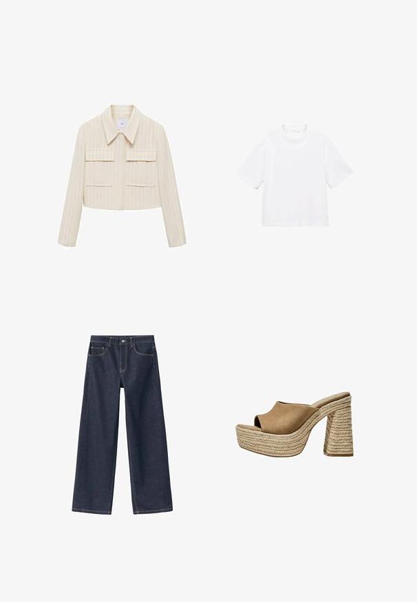 Jachetă scurtă crem cu dungi verticale, având un guler ascuțit, două buzunare frontale aplicate și mâneci lungi. Textură netedă.; Tricou alb din bumbac, cu mânecă scurtă și guler rotund. Design simplu, croială lejeră, textură fină. Nu sunt vizibile modele sau accente.; Pantaloni din denim de un albastru închis, cu croială largă și talie înaltă, cu cusături vizibile, două buzunare frontale și închidere cu buton la talie.; Mule-uri din suede maro cu talpă platformă și vârf deschis, având un toc chunky din jută împletită și un design superior neted, rotund.