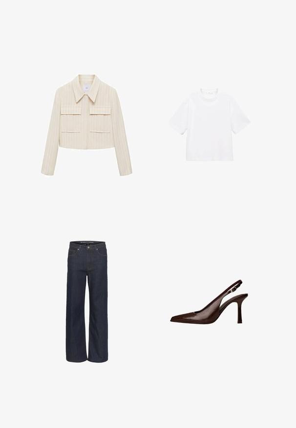 Jachetă scurtă crem cu dungi verticale, având un guler ascuțit, două buzunare frontale aplicate și mâneci lungi. Textură netedă.; Tricou alb din bumbac, cu mânecă scurtă și guler rotund. Design simplu, croială lejeră, textură fină. Nu sunt vizibile modele sau accente.; Jeans largi din denim închis, cu talie înaltă, având cinci buzunare, cusături de contrast și margine brută la baza lor.; Pantofii slingback din piele maro au vârful ascuțit și tocul subțire. Prezintă o mică cataramă de accent pe curea și un finisaj lucios.