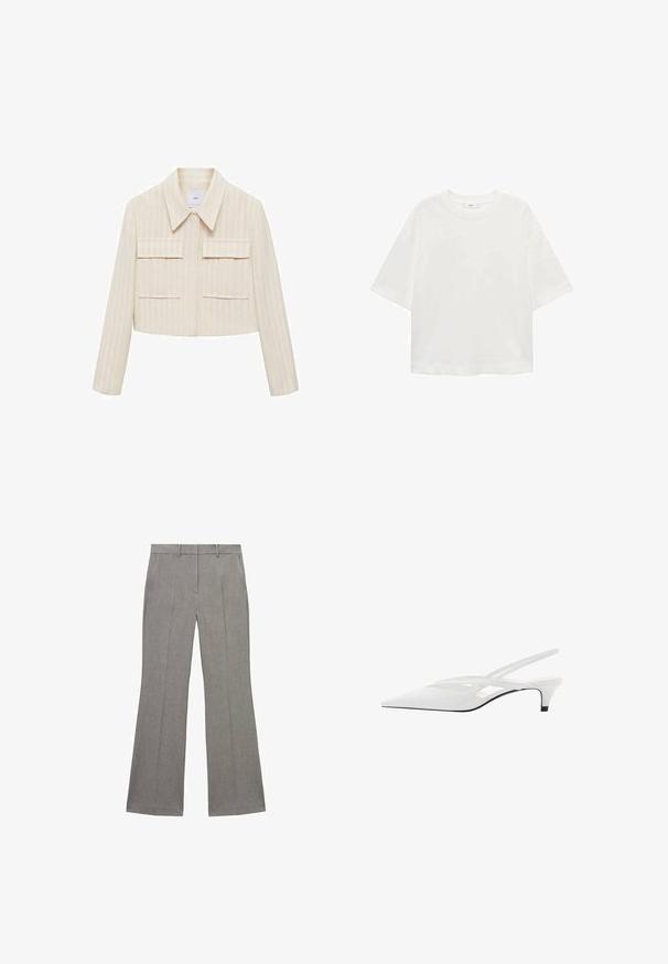Skraćena jakna u krem boji s vertikalnim prugama, s šiljastim kragnom, dva prednja džepa i dugim rukavima. Glatka tekstura.; Bijela majica kratkih rukava s okruglim izrezom, ležernog kroja, izrađena od mekanog materijala. Bez uzoraka ili dodataka, s klasičnom rubnom završetkom.; Sive široke hlače od teksturirane tkanine, s ravnim prednjim dijelom, petljama za remen i oštrim pregibima duž nogu za odjeven izgled.; Bijela slingback potpetica s oštrom punta, koja ima glatki gornji dio, suptilne izreze i nisku blok potpeticu. Crna potplata naglašava dizajn.