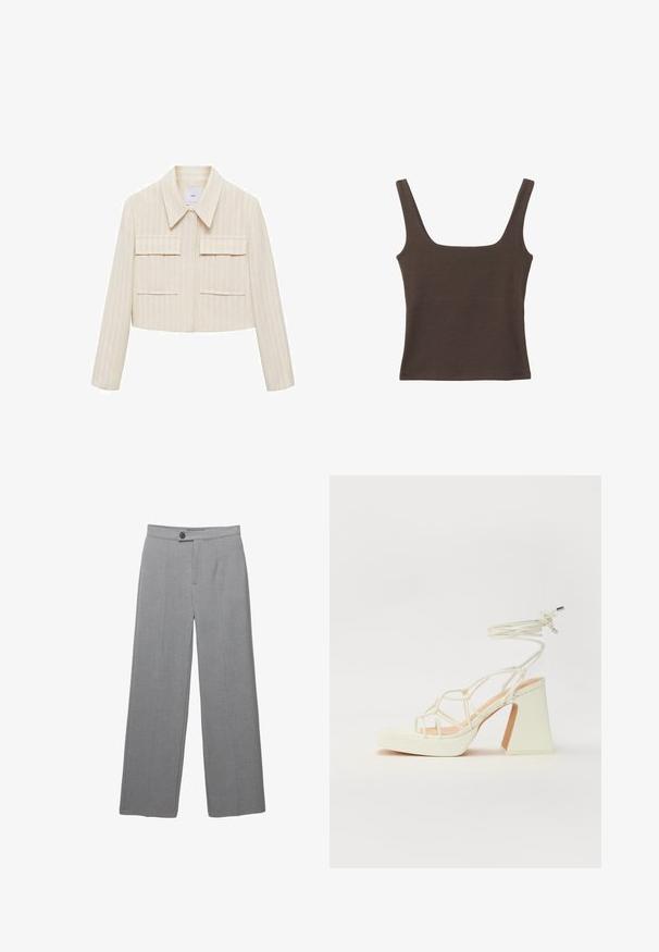 Skraćena jakna u krem boji s vertikalnim prugama, s šiljastim kragnom, dva prednja džepa i dugim rukavima. Glatka tekstura.; Smešani smeđi top bez rukava sa kvadratnim izrezom, izrađen od mekanog, rastezljivog materijala. Ima kroj koji se uklapa i ravne šavne.; Sive krojene hlače širokih nogavica, ravne prednje strane i suptilne teksture. Imaju jedan gumb za zatvaranje i čiste linije.; Bijela sandala na visokoj potpetici s debelim petom, s remenom i vezanjem oko gležnja. Glatka tekstura s platformom sprijeda za dodatnu visinu.