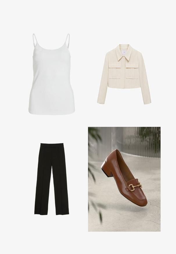 Kort jasje in crème met verticale strepen, voorzien van een puntige kraag, twee voorzakken en lange mouwen. Soepele textuur.; Witte cami top gemaakt van een gladde stof, met dunne spaghettibandjes en een eenvoudig, niet versierd ontwerp.; Zwarte wijde pantalon gemaakt van een soepele stof, met een aansluitende tailleband en subtiele plooien aan de voorkant voor extra textuur.; Bruine lakleren loafer met vierkante neus, metallic kettingaccent en lage blokhak; gladde textuur, minimalistisch ontwerp.