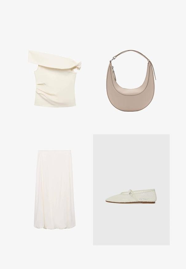 Giacca cropped in crema con strisce verticali, dotata di colletto a punte, due tasche frontali applicate e maniche lunghe. Texture liscia.; Top crema asimmetrico con una manica lunga, dettaglio annodato sulla spalla, tessuto leggero e silhouette aderente con una sottile texture.; Top senza maniche di un blu chiaro, con collo alto, superficie texturizzata, design a coste e bordi arricciati attorno al collo e alle aperture delle braccia.; Gonna bianca alla lunghezza del ginocchio con un design morbido e fluido. Stile semplice senza motivi visibili o dettagli hardware.; Ballet flat in rete color crema con punta affusolata e cinturino regolabile. Presenta una tomaia testurizzata e una suola piatta marrone.; Borsa a spalla in pelle beige con forma a mezzaluna, texture liscia e un'unica maniglia curva. Presenta una chiusura con zip e cuciture curate.