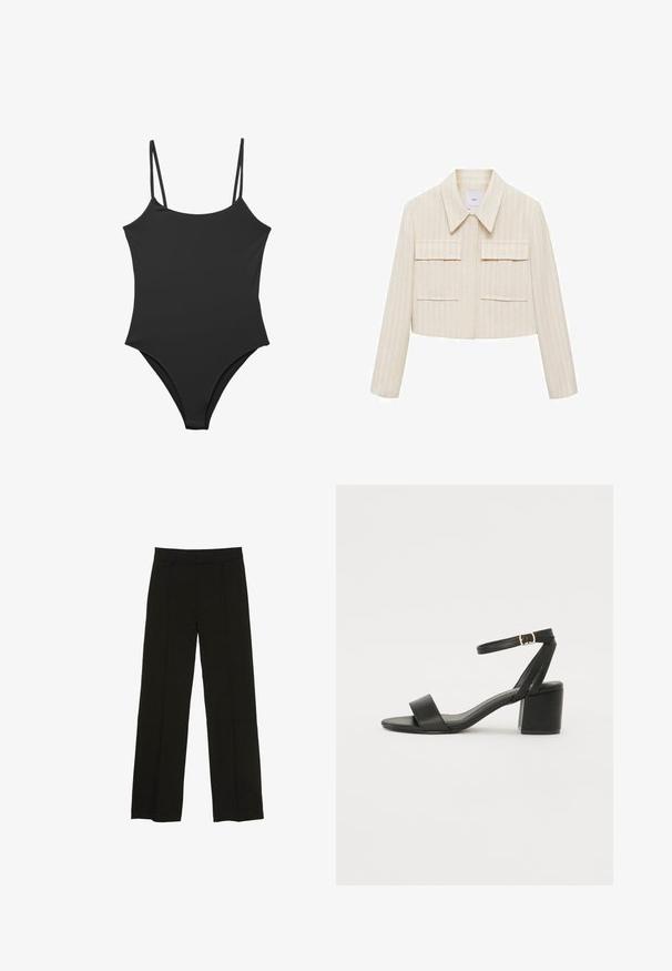 Jachetă scurtă crem cu dungi verticale, având un guler ascuțit, două buzunare frontale aplicate și mâneci lungi. Textură netedă.; Costum de baie negru dintr-o singură piesă, cu bretele subțiri, ajustabile, finisaj textil neted și un design cu picioare înalte. Stil minimalist, fără embellishments.; Pantaloni largi negri, confecționați dintr-un material fin, cu un talie ajustată și pliuri frontale subtile pentru un plus de textură.; Sandale cu toc înalt negre, cu un superior din piele netedă, vârf deschis, curele frontale late și curea pentru gleznă ajustabilă cu detaliu din aur.
