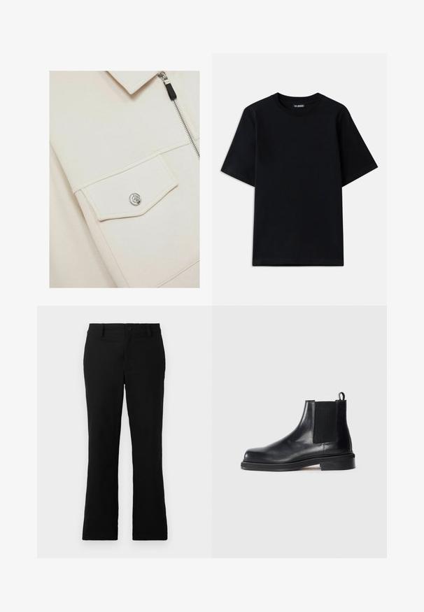 Kremno barvana jakna z zadrgo spredaj, velikim ovratnikom in stranskim žepom z srebrnim gumbom. Mehak material z gladko površino.; Črna bombažna majica s kratkimi rokavi in krožnim izrezom. Ima diskreten vezen logotip na levem prsnem predelu. Ravna, gladka tekstura.; Črne široke hlače iz mešanice bombaža, opremljene z gumbom za zapiranje, zanko za pas in gladko teksturo brez vidnih vzorcev.; Črne usnjene Chelsea škornje z elastičnim stranskim panelom, okroglo točko, zanko na peti in nizko sprednje obloženim podplatom na enotnem ozadju.