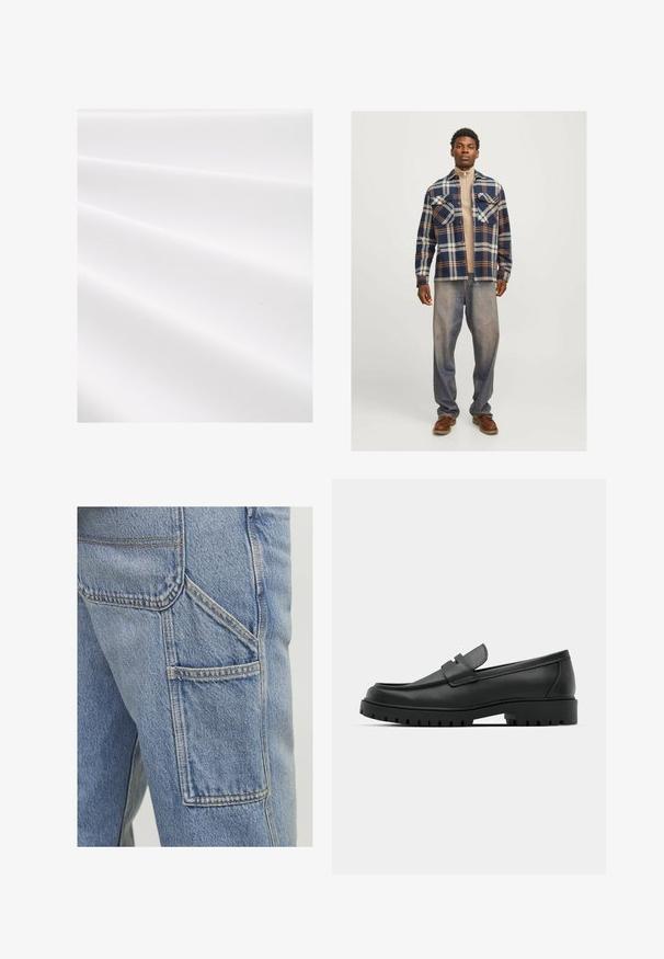 Tengerész kék és fehér kockás flaneling mellzsebekkel, egy bézs, magas nyakú felsőre rétegezve, bő farmernadrággal és barna cipővel párosítva.; Fehér textil, strukturált, bordás felülettel, lágy redőkkel és finom fénylással. Simára kialakított, látható minták vagy díszítések nélkül.; Világoskék farmer cargo nadrág, amely nagy oldalzsebekkel, diszkrét varrási részletekkel és laza szabással rendelkezik, enyhén texturált felülettel.; Fekete bőr loafer cipők kerek orral, varrott mintázattal, alacsony platformtalpú és texturált, barázdált gumitalppal.