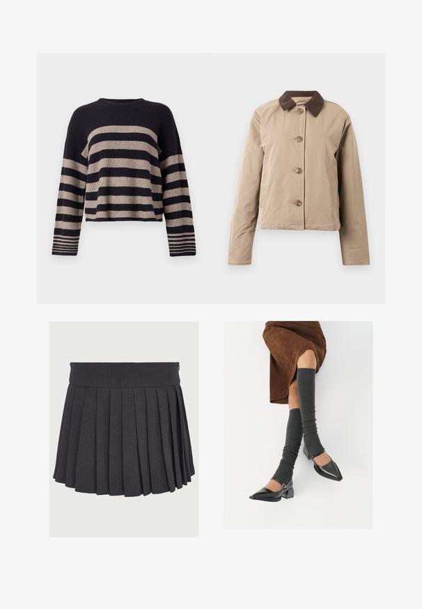 Beige jakke med en brun kordfløyelskrage, fem knapper foran, to sidelommer og lange ermer. Glatt tekstur.; Strikkegenser med horisontale marineblå og beige striper, ribbet tekstur, rund hals, og lange ermer med stripete detaljer ved mansjettene.; Grå plissert skjørt med flat midje og glidelås, laget av et strukturert stoff, med jevnt fordelte dype folder.; Sorte lakkpumps med spiss tå, blokkhel, og ankelstropp, kombinert med grå ribbestrikkede beinvarmere og et brunt semsket skinn skjørt.