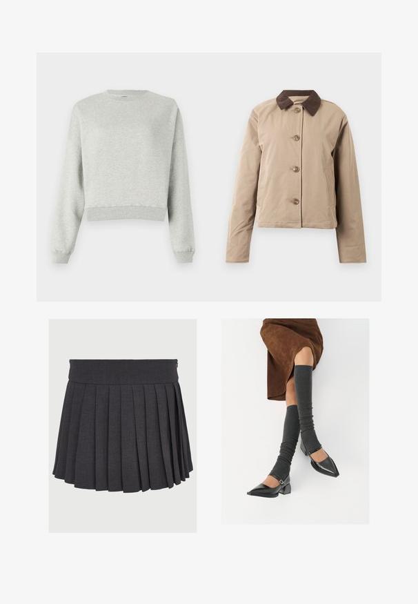 Casaco bege com colarinho de veludo cotelê castanho, fecho frontal com cinco botões, dois bolsos laterais e mangas longas. Textura de tecido suave.; Sweatshirt cinza feito de um tecido macio e texturizado. Apresenta um decote redondo, mangas longas e uma bainha curta. Design simples, sem padrões ou detalhes.; Saia cinza plissada com uma cintura lisa e fecho de zíper, feita de um tecido texturizado, apresentando pregas profundas distribuídas uniformemente.; Sapatos pretos de pele lacada com biqueira pontuda, salto bloco e tiras no tornozelo, combinados com caneleiras cinzas em malha e uma saia de camurça castanha.