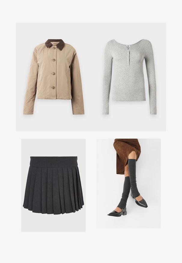 Bežna jakna s rjavim žametnim ovratnikom, z zapiranjem na pet gumbov spredaj, dvema stranskima žepoma in dolgimi rokavi. Gladka tekstura tkanine.; Svetlo siva rebrasta bluza s dugim rukavima in športnim ovratnikom in štirimi gumbi na sprednjem delu, prikazana na beli podlagi.; Siva plisirana krila z ravnim pasom in zadrgo, narejena iz strukturnega blaga, z enakomerno razporejenimi globokimi plisami.; Črne lakirane čevlje s pointy prsti in blok peto ter z naramnicami za gleženj, ki jih kombiniramo s sivimi rebrastimi nogavicami in rjavim suknjičem iz usnja.