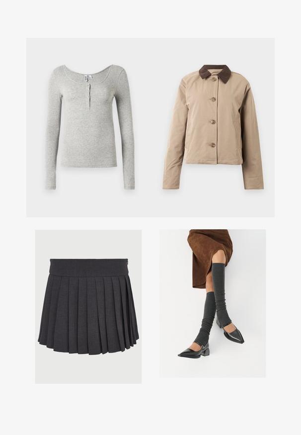 Beige dzseki barna kordbársony gallérral, öt gombos első záródás, két oldalsó zseb és hosszú ujjú. Sima textúrájú anyag.; Világosszürke, bordázott, hosszú ujjú póló, kerek nyakkivágással és négy gombbal az elülső részén, fehér háttér előtt bemutatva.; Szürke, pliszírozott szoknya lapos derékkal és cipzáras záródással, texturált anyagból készült, egyenletesen elhelyezett mély pliszékkel.; Fekete lakk bőrből készült, hegyes orrú cipők, tömbsarkúakkal és bokapánttal, szürke bordás lábszármelegítőkkel és barna velúr szoknyával párosítva.