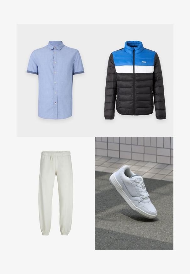 Polstret jakke med et farveblokdesign i blå, hvid og sort, høj krave, frontlynlås og sidelommer med lynlåse.; Lyseblå kortærmet skjorte med knapkrave, der har lysebrune knapper og kontrasterende mørkeblå kant på ærmerne.; Hvide sweatpants lavet af blødt stof, med elastisk talje og håndled, der har en glat tekstur og løs pasform.; Hvide lædersneakers med perforerede sider, teksturerede detaljer, flade snørebånd og en kontrasterende grå hæl. Har en let forhøjet sål.