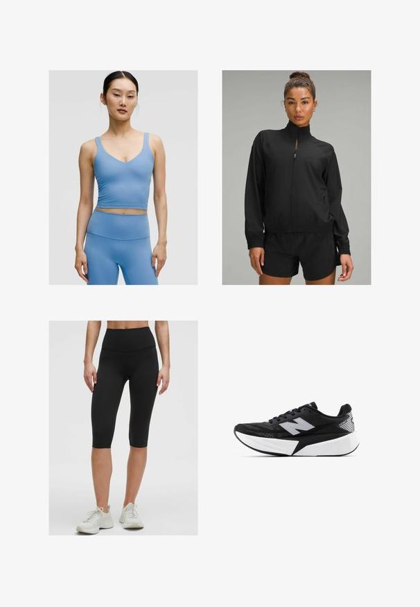 Schwarze Sportjacke mit hohem Kragen, Reißverschluss vorne und elastischen Bündchen, kombiniert mit passenden schwarzen Shorts, die eine glatte Textur aufweisen.; Hellblaue Sport-Bralette mit V-Ausschnitt, breiten Trägern und taillierter Passform, gefertigt aus glattem, dehnbarem Stoff.; Schwarze, hoch taillierte Radfahrshorts aus dehnbarem, glattem Stoff, die direkt unter dem Knie enden, kombiniert mit hellen Sportschuhen.; Schwarzer und weißer New Balance Laufschuh mit dicker Sohle, Mesh-Obermaterial und "N"-Logo an der Seite, von der Außenseite betrachtet.