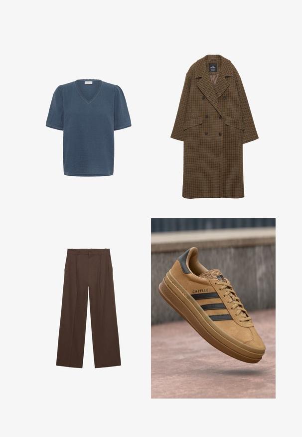 Plaščen z rjavimi in črnimi karirastimi vzorci, dvoredna zasnova, veliki reverji, dva sprednja žepa in gumbi s gladkim notranjim podlogom.; Olivno zelena majica s rundim izrezom, raglan rukavima i skraćenim rubom. Izrađena iz mekog materijala s glatkom teksturom.; Kaffe MAI - Potiskana majica - ensign blue; Rjave široke hlače iz gladkega materiala, ki imajo visok pas, sprednje gube in dve stranski žepi.; Svetlo rjave semiš teniske z gladko teksturo, ki imajo tri temne črte, zaobljen nos in debelejši podplat s vzorčastim robom.