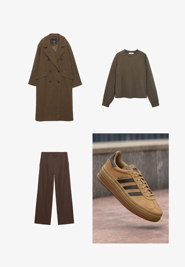 Hnedo-čierny károvaný kabát, dvojradové zapínanie, veľké klopy, dve predné vrecká a gombíky so hladkým vnútorným podšívaním.; Olívová mikina s okrúhlym výstrihom, raglánovými rukávmi a skráteným lemom. Vyrobená z mäkkého materiálu s hladkým povrchom.; Hnedé široké nohavice vyrobené z hladkej látky, s vysokým pásom, prednými záhybmi a dvoma bočnými vreckami.; Svetlé semišové tenisky s hladkým povrchom, obsahujúce tri tmavé pruhy, zaoblenú špičku a hrubšiu podrážku so vzorovaným okrajom.