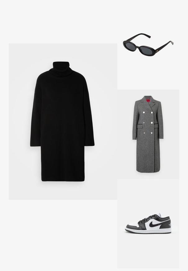 Casaco de mistura de lã cinza com um corte tailored, design de duplo botão, grandes botões prateados e bolsos laterais. Textura suave com colarinho clássico.; Vestido de lã preta com gola alta e corte soltinho, apresentando mangas longas e uma silhueta reta, feito de um tecido suave e texturado.; As sapatilhas Nike de cano baixo, em preto e branco, apresentam um cabedal em couro liso, bico redondo, fecho com atacadores e uma sola de borracha com padrão.; Óculos de sol pretos oversized com lentes ovais, armação de plástico suave e detalhes em dourado nas hastes. As lentes escuras oferecem proteção solar.