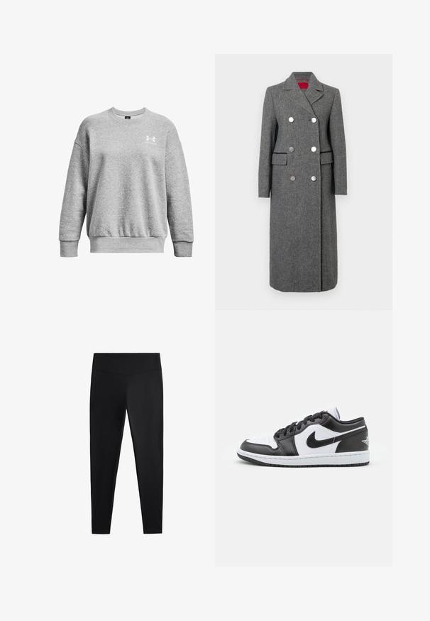 Grau melierter Wollmischmantel mit taillierter Passform, doppelreihigem Design, großen silbernen Knöpfen und seitlichen Taschen. Glatte Textur mit klassischem Kragen.; Grauer Pullover aus weichem Material mit Rundhalsausschnitt, überschnittenen Schultern, gerippten Bündchen und einem kleinen weißen Logo auf der linken Brust.; Schwarze Leggings aus glattem, dehnbarem Stoff. Mit einem breiten Bund und tailliertem Bein Design, geeignet für aktive oder lässige Kleidung.; Schwarz-weiße Nike Low-Top-Sneaker verfügen über ein glattes Leder-Obermaterial, eine runde Zehenpartie, eine Schnürung und eine gemusterte Gummisohle.