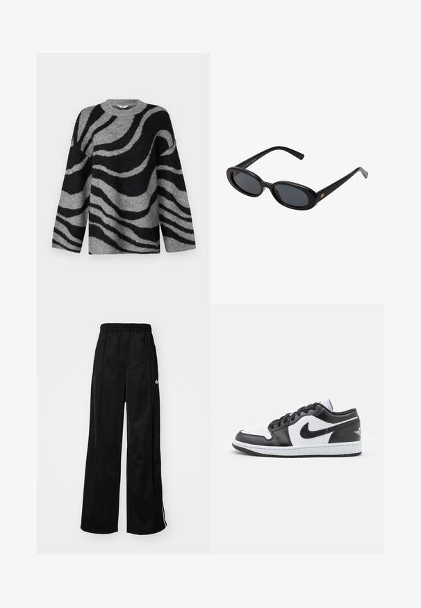 Manteau en mélange de laine gris avec une coupe ajustée, design croisé, grandes boutons en argent et poches latérales. Texture lisse avec un col classique.; Un pull gris et noir avec un motif zèbre, fabriqué en tissu doux, doté d'un col rond et de manches larges.; Pantalons de survêtement larges noirs avec une taille élastique, ornés de bandes latérales blanches et d'un petit logo sur la hanche gauche. Texture de tissu lisse.; Des baskets basses Nike en noir et blanc présentent un cuir lisse sur le dessus, un bout rond, un système de laçage et une semelle extérieure en caoutchouc à motifs.; Lunettes de soleil noires surdimensionnées avec des verres ovoïdes, monture en plastique lisse et accents dorés sur les tempes. Les verres sombres offrent une protection contre le soleil.