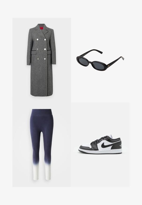 Šedý kabát ze směsi vlny s vypasovaným střihem, dvouřadým designem, velkými stříbrnými knoflíky a bočními kapsami. Hladká textura s klasickým límcem.; Hnědé žebrované pletené pončo s vysokým límcem a volným siluetou, navržené bez zapínání, se strukturálním povrchem.; Dámské legíny s vysokým pasem v námořnické modré barvě, přecházející do bílé barvy na kotnících, vyrobené z pružného materiálu.; Černobílé nízké tenisky Nike mají hladký kožený svršek, kulatou špičku, šněrování a vzorovanou gumovou podrážku.; Černé oversized sluneční brýle s oválnými čočkami, hladkým plastovým rámem a zlatými akcenty na spáncích. Tmavé čočky poskytují ochranu před sluncem.