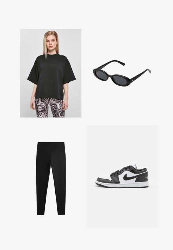 Szürke gyapjú keverék kabát, testhezálló fazonban, dupla gombolású kialakítással, nagy ezüstgombokkal és oldalsó zsebekkel. Simább textúra klasszikus gallérral.; Fekete, oversize póló magas nyakkal és rövid ujjakkal, puha anyagból készült; párosítva fekete-fehér zebramintás leggingssel.; Fekete leggings sima, rugalmas anyagból. Széles derékpánt és szűkülő lábzárás jellemzi, alkalmas aktív vagy laza viseletre.; Fekete-fehér Nike alacsony szárú sportcipők sima bőrből készültek, kerek orrúak, fűzős záródásúak, és mintás gumitalppal rendelkeznek.; Fekete, oversize napszemüveg ovális lencsékkel, sima műanyag kerettel és arany részletekkel a fülpánton. Sötét lencséi védelmet nyújtanak a napfény ellen.