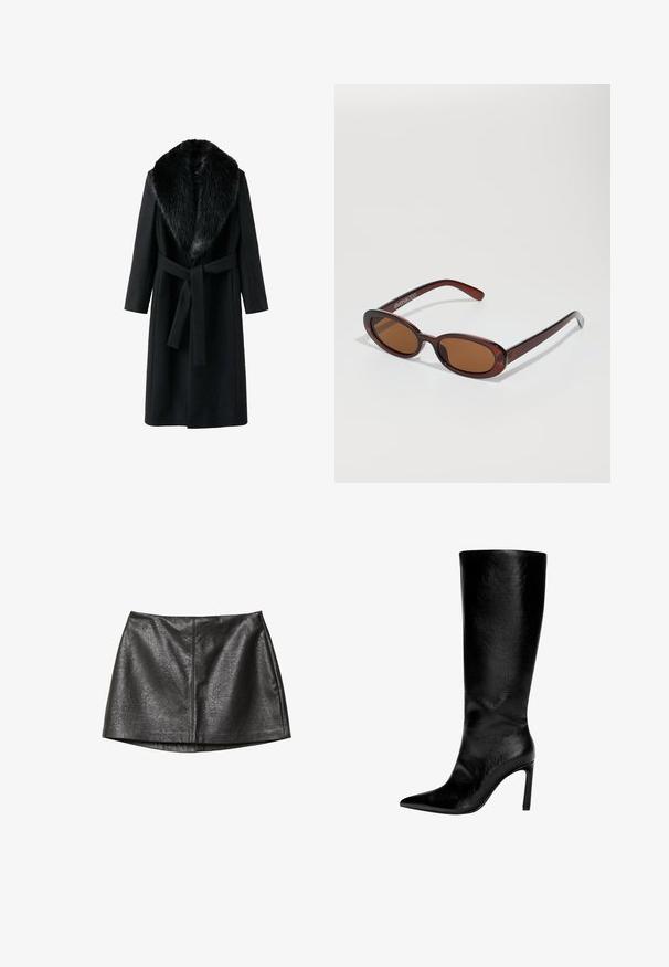Cappotto nero con colletto in pelliccia sintetica, maniche lunghe, cintura in vita e una texture liscia. Design minimalista con una silhouette classica.; Maglione a collo alto nero realizzato in morbido tessuto a maglia. Caratterizzato da un orlo a coste, maniche lunghe e una vestibilità rilassata. Design semplice e versatile.; Gonna in ecopelle nera con una texture liscia, caratterizzata da un taglio dritto e una leggera lucentezza, progettata con dettagli di cucitura minimi.; Stivale in pelle nera fino al ginocchio con punta affusolata, tacco a spillo alto, finitura liscia e design semplice ed elegante senza decorazioni.; Occhiali da sole rotondi con tonalità marrone, montatura lucida color bordeaux. Aste sottili con un sottile dettaglio del marchio. Design delle lenti piatte.