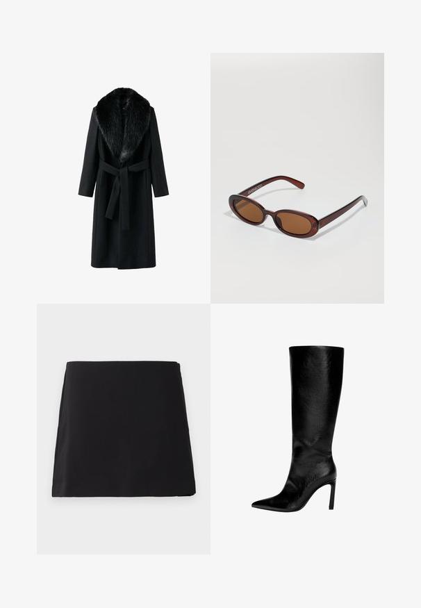 Manteau noir avec un col en fausse fourrure, manches longues, ceinture à nouer à la taille et texture lisse. Design minimaliste avec une silhouette classique.; Pull à col roulé noir en tissu tricoté doux. Caractéristiques : ourlet côtelé, manches longues et coupe décontractée. Design simple et polyvalent.; Mini jupe noire, coupe droite, avec une texture lisse, présentée à plat sur un fond blanc.; Botte en cuir noir montée jusqu'au genou, avec un bout pointu, un talon aiguille haut, une finition lisse et un design simple et épuré sans ornements.; Lunettes de soleil rondes teinte brun avec une monture bordeaux brillante. Branches fines avec un détail de marque subtil. Design de verres plats.