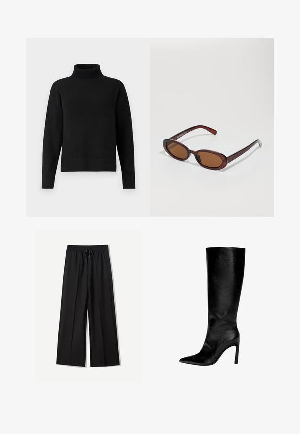 Czarny płaszcz z kołnierzem z sztucznego futra, długimi rękawami, paskiem w talii i gładką strukturą. Minimalistyczny design z klasyczną sylwetką.; Czarny sweter z golfem wykonany z miękkiej dzianiny. Posiada ściągacz na dole, długie rękawy i luźny krój. Prosty i uniwersalny design.; Czarne spodnie szerokie w nogawkach, wykonane z miękkiego materiału. Posiadają elastyczny pas z możliwością regulacji oraz dwie boczne kieszenie. Gładki przód z zakładkami.; Czarna skórzana kozaczka za kolano z ostrym noskiem, wysokim obcasem typu stiletto, gładkim wykończeniem i prostym, eleganckim designem bez ozdób.; Okrągłe, brązowe okulary przeciwsłoneczne z błyszczącą bordową oprawą. Cienkie ramiona z subtelnym detalem marki. Płaski kształt soczewek.; Czarny, dziergany szalik o ciągłym wzorze i subtelnej fakturze, z wydłużonym kapturem na jednym końcu.
