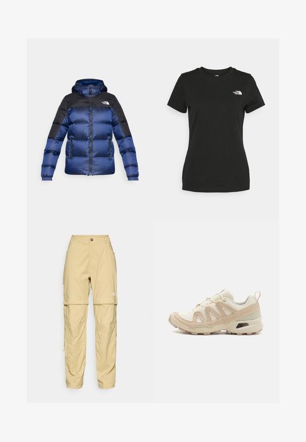 Plava i crna puf jakna s kapuljačom, s prednim zatvaračem, dva prednja džepa i logom na gornjoj lijevoj strani. Teksturirana tkanina.; Crna pamučna majica s okruglim izrezom i kratkim rukavima. Istaknuti bijeli logo na gornjoj lijevoj strani. Glatka tekstura, ležeran kroj.; Bež cargo hlače od lagane tkanine, s bočnim zatvaračima, kopčanjem na gumb i logotipom na desnoj butini.; Bež i kremasti sportski tenisice s teksturiranim mrežastim gornjim dijelom, potpornih preklopa i gumeni potplat s uzorcima za prianjanje.