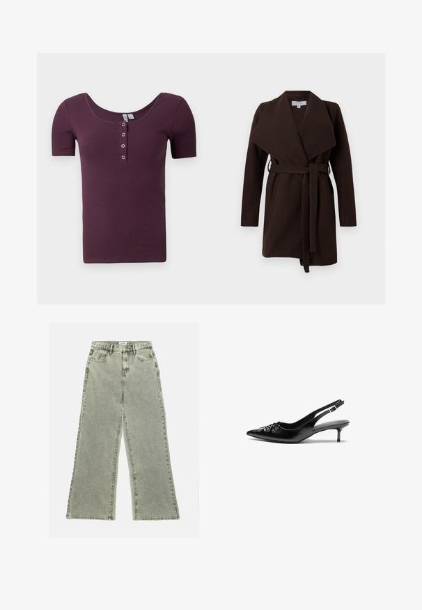 Brun bæltefrakke med en bred krave, lange ærmer og åben front. Lavet af blødt stof med en glat tekstur.; Kortærmet, ribbet blommefarvet henley skjorte med bådudskæring og fire sølvfarvede trykknapper på fronten.; Hvid langærmet skjorte med knapper i en blød bomuldsblanding. Har en klassisk krave, frontlukning med knapper og rundede manchetter.; Bredde ben jeans i lys grå denim, med høj talje, forlommer og rå kant. Slidt tekstur tilføjer visuel interesse.; Sorte læderslippers med spidse tæer, lille kitten hæl og en dekorativ knude detalje foran. Glat tekstur hele vejen rundt.