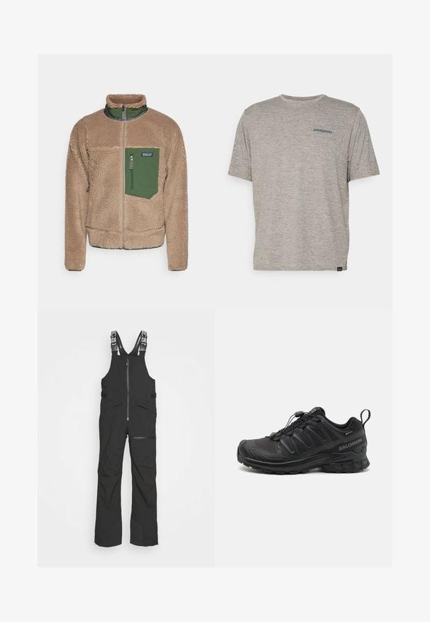 Beżowa kurtka polarowa z zieloną kieszenią na zamek, wysokim kołnierzem i zamkiem błyskawicznym z przodu. Posiada teksturowaną powierzchnię i elastyczne mankiety.; Szara koszulka z krótkim rękawem, uszyta z miękkiego, teksturowanego materiału, z małym niebieskim logo Patagonia na lewej piersi. Bez dodatkowych wzorów.; Czarne wodoodporne ogrodniczki posiadają regulowane ramiączka, zamek błyskawiczny z przodu oraz liczne kieszenie, a także wzmocnione panele nogawek dla zwiększenia trwałości.; Czarny but sportowy z teksturowanym syntetycznym wierzchem, amortyzowaną podeszwą i systemem szybkiego sznurowania. Posiada wzmocniony nos i piętę.