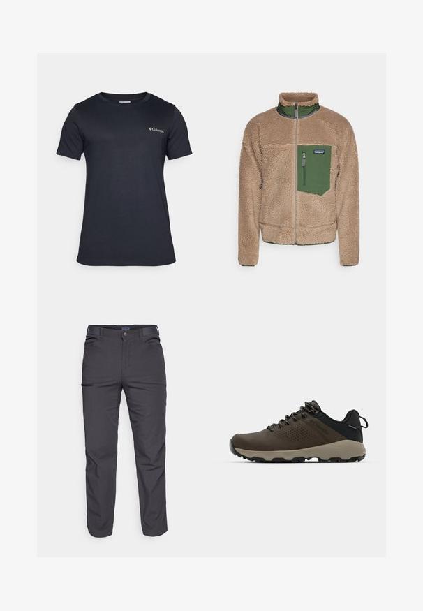 Beige fleecová bunda se zelenou kapsou na zip, vysokým límcem a předním zipem. Má texturovaný povrch a elastické manžety.; Columbia RAPID RIDGE™ BACK GRAPHIC TEE - Triko s potiskem - black; Tmavě šedé kalhoty vyrobené z odolné tkaniny, s kapsou na zip, rovný střih a s poutky na opasek pro nastavitelné nošení.; Hnědé nepromokavé sneakers s texturovaným svrškem, perforovanými detaily, černým oporou paty a šedou gumovou podrážkou. Šňůrky mají kovové konce.