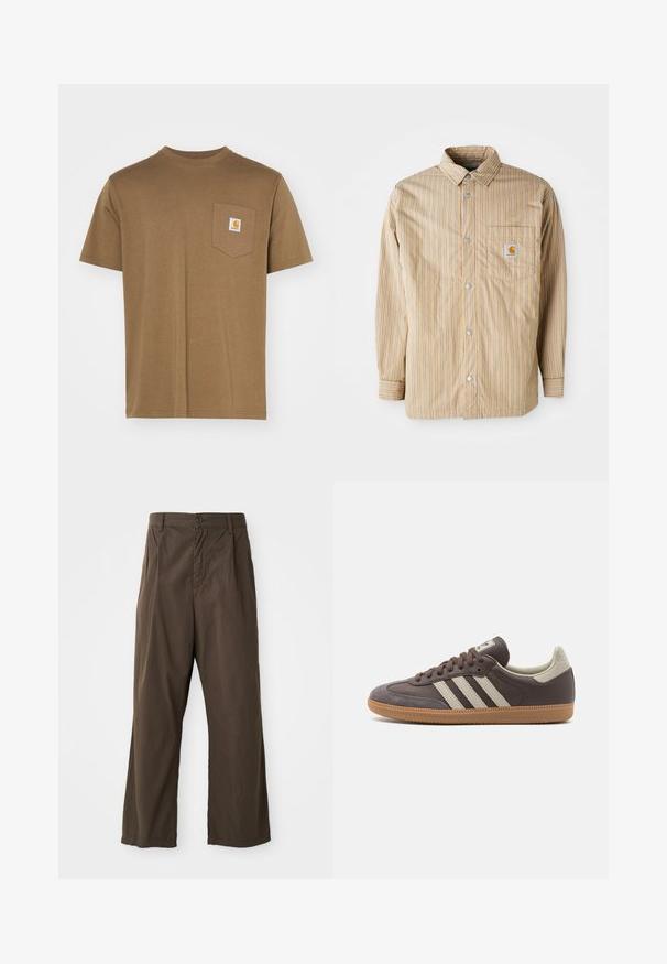 Raižytas bežinis marškiniai su mėlynomis linijomis, užsegami priekyje, klasikinis klausimas, vienas krūtinės kišenė su logotipu, ilgomis rankovėmis ir lygiu paviršiumi.; Ruda medvilnės marškinėliai su apvali iškirpte ir trumpomis rankovėmis. Yra kairėje krūtinės pusėje kišenė su balta logotipo etikete. Jokio grubumo - lygi tekstūra.; Rudi, plačios kojos kelnės, pagamintos iš medvilnės, su priekiniais mygtukais, diržo kilpomis ir lygiu, matinio paviršiaus tekstūra.; Rudos odinės sportinės bateliai su trimis šviesiomis juostelėmis, guminėmis apačiomis, apvaliu nosiu ir tekstūruotais zomšos akcentais ant kulno ir nosies.