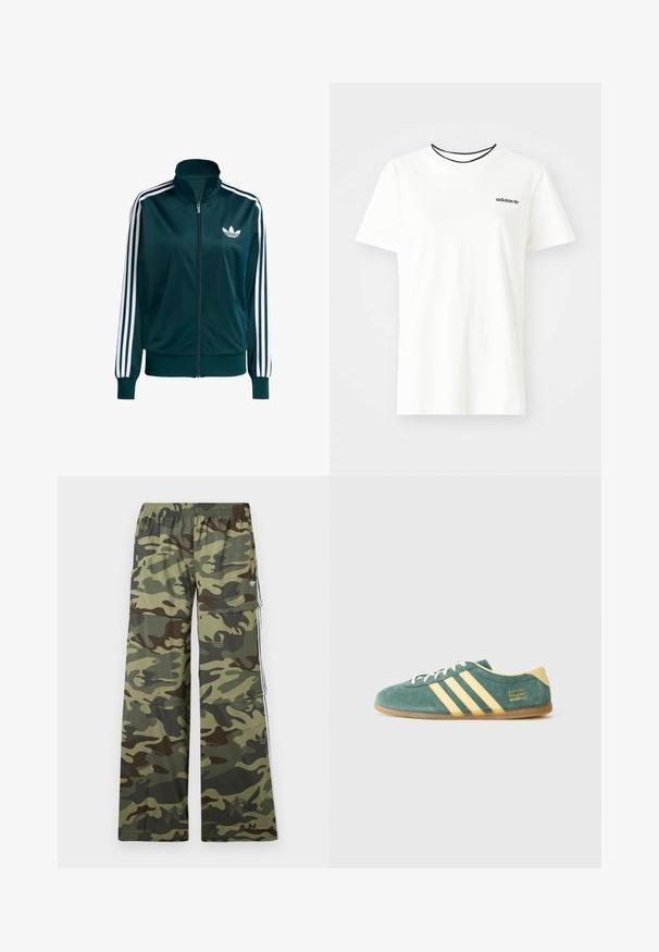 adidas Originals FIREBIRD TT - Treningsjakke - aurora ivy white; Hvit bomull t-skjorte med korte ermer og rund hals. Har en svart Adidas-logo på brystet og en kontrasterende svart indre krage.; Camouflage-mønstrede cargo-bukser i nuancer af grøn og brun med bred ben-design, elastisk talje og sidelommer med striber.; Grønn semsket sko med gule aksenter og tre striper. Rund tå, flat gummisåle, og fremtredende merkevarelogo på siden.