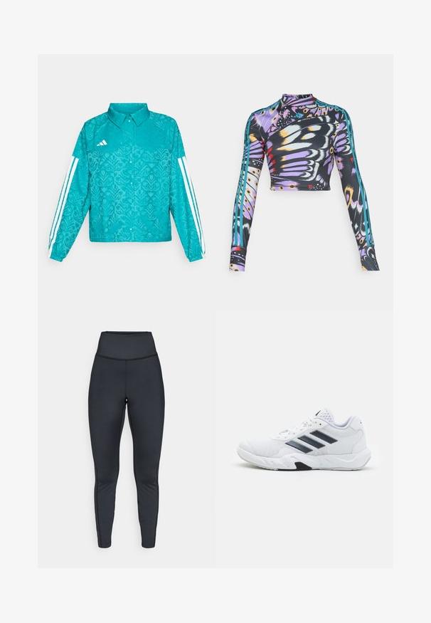 Teal Adidas-jakke med blomstermønster, hvite tre-stripes design på ermene, trykknapp foran og krage på ensfarget bakgrunn.; Langermet, cropped treningstop med fargerikt sommerfuglvingemønster og turkise tre-striper på ermene.; Høytlivs svarte treningsleggings med flate sømmer, designet for en tettsittende passform og fleksibilitet.; Hvit sportsko med mesh-overdel, tre svarte striper på siden, teksturerte detaljer og en solid gummisåle med en kontrasterende svart seksjon.