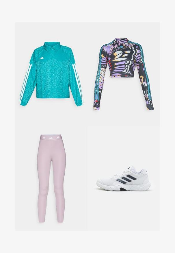 Teal Adidas jacket with floral pattern, white three-stripe design on sleeves, snap button front, and collar on plain background.; Long-sleeve, cropped athletic top with colorful butterfly wing pattern and teal three-stripe detailing on sleeves.; adidas Performance TECHFIT 7/8 - Leggings - preloved fig; White athletic shoe with mesh upper, three black stripes on the side, textured accents, and a sturdy rubber sole with a contrasting black section.