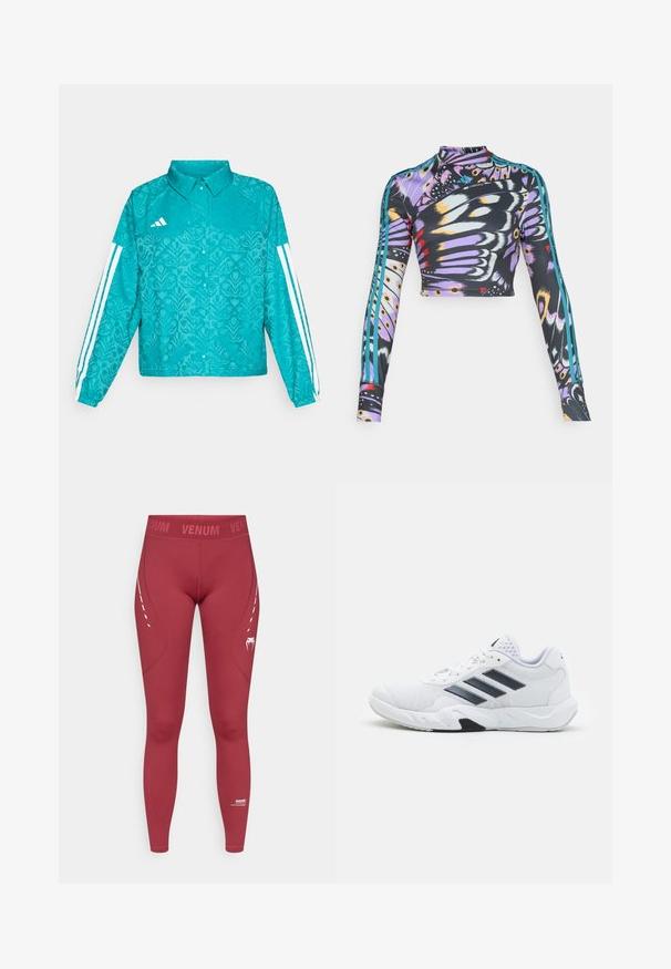Teal Adidas jaka ar ziedu rakstu, baltiem trīs svītru dizaina piedurkņu laukiem, ar pogu priekšpusi un apkakli uz vienkārša fona.; Garš piedurkņu sportiskais tops ar pusgaru piegriezumu, apdrukāts ar krāsainu tauriņu spārnu rakstu un tirkīza triju svītru detaļām uz piedurknēm.; Sarkanas legingas ar bezšuvju dizainu, Venum logotips uz jostasvietas, teksturētas šuves un balts raksts sānos. Stiepties spējīgs audums.; Baltā sporta apavi ar sietu augšdaļu, trīs melnām svītrām sānos, teksturētām akcentiem un izturīgu gumijas zoli ar kontrastējošu melnu daļu.