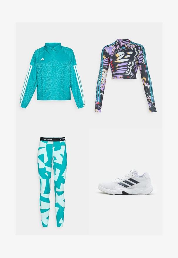 Chaqueta Adidas en tono azul verdoso con un patrón floral, diseño de tres rayas blancas en las mangas, cierre frontal de botones a presión y cuello, sobre un fondo liso.; Sudadera deportiva de manga larga y corta con un patrón colorido de alas de mariposa y detalles en tres franjas color azul verdoso en las mangas.; Leggings turquesa con patrones geométricos abstractos en blanco y teal. Fabricados con material elástico, presentan una cinturilla con el logo negro de TERREX.; Zapatilla deportiva blanca con parte superior de malla, tres franjas negras a los lados, acentos texturizados y una suela de goma resistente con una sección negra en contraste.
