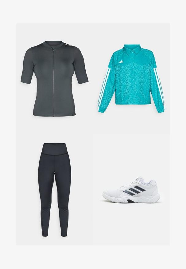 Turkusowa kurtka Adidas z kwiecistym wzorem, białym, trzypaskowym wzorem na rękawach, zapięciem na napy z przodu oraz kołnierzem na jednolitym tle.; Koszulka rowerowa z krótkim rękawem w ciemnoszarym kolorze. Posiada zamek błyskawiczny z przodu oraz fakturowany materiał, z zaokrąglonym kołnierzem i akcentem logo na ramieniu.; Czarne legginsy sportowe z wysokim stanem i płaskimi szwami, zaprojektowane dla wygodnego dopasowania i elastyczności.; Białe buty sportowe z siateczkową cholewką, trzy czarne paski po boku, teksturowane akcenty i solidna gumowa podeszwa z kontrastującą czarną sekcją.